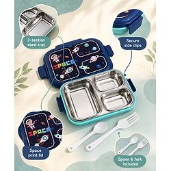 Babyhug Space Print 3 Compartment Stainless Steel Big Size Lunch box|Airtight|BPA Free|100% Food Grade|Reusable|Recyclable|Perfect for School, Travel & Outdoors|575 ml- Blue
