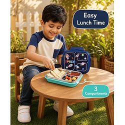 Babyhug Space Print 3 Compartment Stainless Steel Big Size Lunch box|Airtight|BPA Free|100% Food Grade|Reusable|Recyclable|Perfect for School, Travel & Outdoors|575 ml- Blue