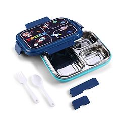 Babyhug Space Print 3 Compartment Stainless Steel Big Size Lunch box|Airtight|BPA Free|100% Food Grade|Reusable|Recyclable|Perfect for School, Travel & Outdoors|575 ml- Blue