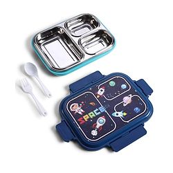 Babyhug Space Print 3 Compartment Stainless Steel Big Size Lunch box|Airtight|BPA Free|100% Food Grade|Reusable|Recyclable|Perfect for School, Travel & Outdoors|575 ml- Blue