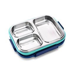 Babyhug Space Print 3 Compartment Stainless Steel Big Size Lunch box|Airtight|BPA Free|100% Food Grade|Reusable|Recyclable|Perfect for School, Travel & Outdoors|575 ml- Blue
