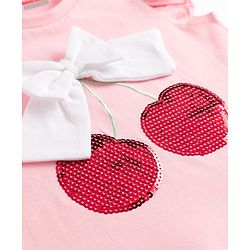 Babyhug Cotton Knit Frill Sleeves  T-Shirt with Bow Applique Cheery Print & Sequin Detailing - Multicolor