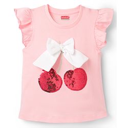 Babyhug Cotton Knit Frill Sleeves  T-Shirt with Bow Applique Cheery Print & Sequin Detailing - Multicolor