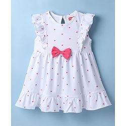 Babyhug 100% Cotton Knit Sleeveless Polka Dots Printed Frock With Bow Applique - White