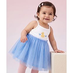 Babyhug Mesh Knit Sleeveless Frock With Duck Print - Light Blue