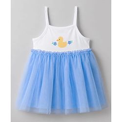 Babyhug Mesh Knit Sleeveless Frock With Duck Print - Light Blue