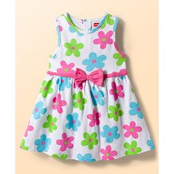 Babyhug Single Jersey Knit Sleeveless Frock With Floral Print & Bow Applique - White