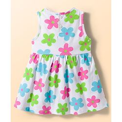 Babyhug Single Jersey Knit Sleeveless Frock With Floral Print & Bow Applique - White