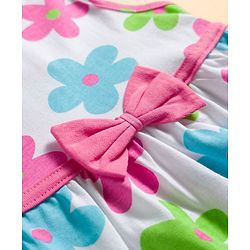 Babyhug Single Jersey Knit Sleeveless Frock With Floral Print & Bow Applique - White