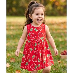 Babyhug Single Jersey Knit Sleeveless Frock With Strawberry Print & Bow Applique - Red