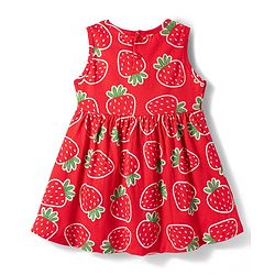 Babyhug Single Jersey Knit Sleeveless Frock With Strawberry Print & Bow Applique - Red