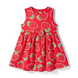 Babyhug Single Jersey Knit Sleeveless Frock With Strawberry Print & Bow Applique - Red