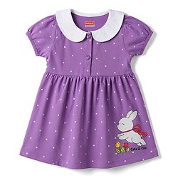 Babyhug Cotton Knit One Piece Dress with Peter Pan Collar and Polka Dot & Bunny Print Purple 3-6 Months