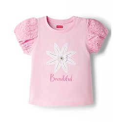 Babyhug Cotton Knit T-Shirt with Graphics, Schiffli and Embroidery Detailing Pink 9-12 Months