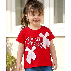 Babyhug 100% Cotton Knit Half Sleeves T-Shirt with Text Print & Bow Applique - Red