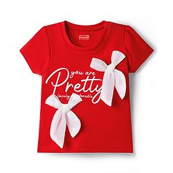 Babyhug 100% Cotton Knit Half Sleeves T-Shirt with Text Print & Bow Applique - Red
