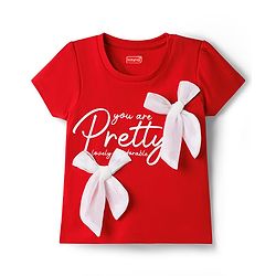 Babyhug Cotton Knit Half Sleeves T-Shirt with Text Print & Bow Applique - Red