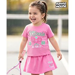 Babyhug Disney 100% Cotton Knit Half Sleeves Top & Skirt Set With Minnie Mouse Graphics & Embroidery - Pink