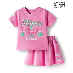 Babyhug Disney 100% Cotton Knit Half Sleeves Top & Skirt Set With Minnie Mouse Graphics & Embroidery - Pink