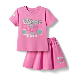 Babyhug Disney 100% Cotton Knit Half Sleeves Top & Skirt Set With Minnie Mouse Graphics & Embroidery - Pink