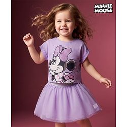 Babyhug Disney Single Jersey Knit Half Sleeve Top & Skirt With Minnie Mouse Graphics - Lavender