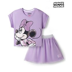 Babyhug Disney Single Jersey Knit Half Sleeve Top & Skirt With Minnie Mouse Graphics - Lavender
