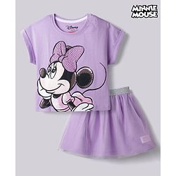Babyhug Disney Single Jersey Knit Half Sleeve Top & Skirt With Minnie Mouse Graphics - Lavender