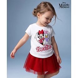 Babyhug Disney Single Jersey Knit Half Sleeves Minnie & Daisy Printed Top & Skirts Set - White & Red