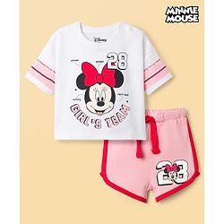 Babyhug Disney Single Jersey Knit Drop Shoulder Half Sleeves T-Shirt & Shorts Set with Minnie Mouse Graphic - Multicolor