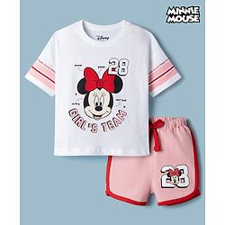 Babyhug Disney Single Jersey Knit Drop Shoulder Half Sleeves T-Shirt & Shorts Set with Minnie Mouse Graphic - Multicolor