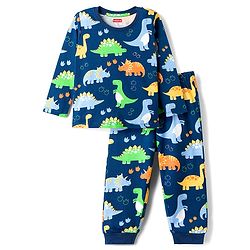 Babyhug Cotton Knit Full Sleeves T-Shirt & Pyjama Co-ord Night Suit With Dino Print - Navy Blue