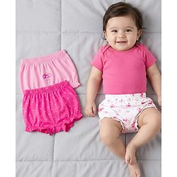 Babyhug 100% Cotton Knit Bloomers with Floral & Heart Print Pack of 3 - Pink & White
