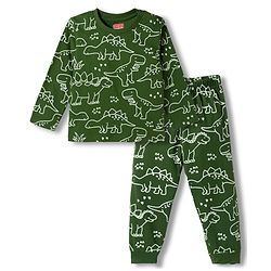 Babyhug Cotton Knit Full Sleeves T-Shirt & Pyjama Co-ord Glow in Dark Night Suit With Dino Print - Green