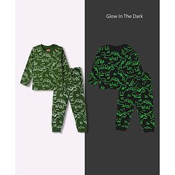 Babyhug Cotton Knit Full Sleeves T-Shirt & Pyjama Co-ord Glow in Dark Night Suit With Dino Print - Green