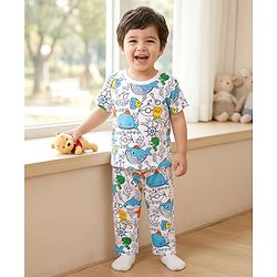 Babyhug Cotton Knit Half Sleeves T-Shirt & Pyjama Co-ord Night Suit With Sea Animals Print - White