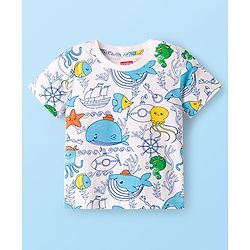 Babyhug Cotton Knit Half Sleeves T-Shirt & Pyjama Co-ord Night Suit With Sea Animals Print - White