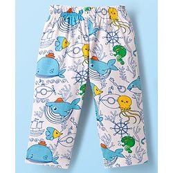 Babyhug Cotton Knit Half Sleeves T-Shirt & Pyjama Co-ord Night Suit With Sea Animals Print - White