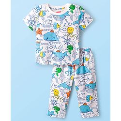 Babyhug Cotton Knit Half Sleeves T-Shirt & Pyjama Co-ord Night Suit With Sea Animals Print - White