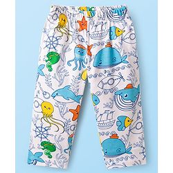 Babyhug Cotton Knit Half Sleeves T-Shirt & Pyjama Co-ord Night Suit With Sea Animals Print - White