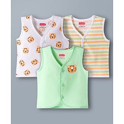 Babyhug 100% Cotton Knit Sleeveless Front Open Jhablas with Striped & Tiger Print Pack of 3 - Sear Green & White