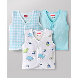 Babyhug 100% Cotton Knit Sleeveless Sea Life Theme Printed Front Open Jhablas Pack of 3 - Blue & White