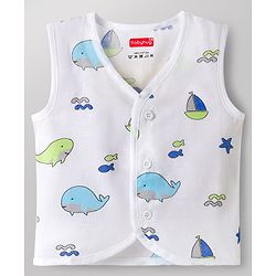 Babyhug 100% Cotton Knit Sleeveless Sea Life Theme Printed Front Open Jhablas Pack of 3 - Blue & White