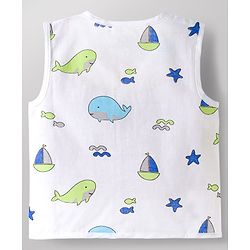 Babyhug 100% Cotton Knit Sleeveless Sea Life Theme Printed Front Open Jhablas Pack of 3 - Blue & White