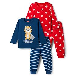 Babyhug 100% Cotton Knit Full Sleeves T-Shirt & Pajama Night Suits with Star Print & Stripes Pack of 2 - Navy Blue & Red