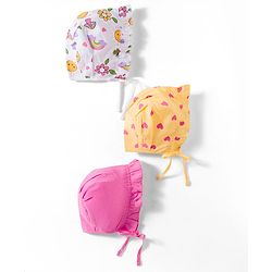 Babyhug 100% Cotton Knit Caps with Knot Solid, Heart & Rainbow Print Pack of 3 Multicolour - Diameter 11 cm