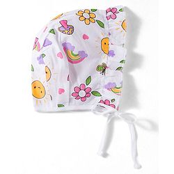 Babyhug 100% Cotton Knit Caps with Knot Solid, Heart & Rainbow Print Pack of 3 Multicolour - Diameter 11 cm