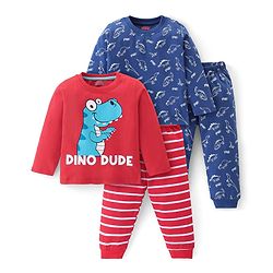 Babyhug Cotton Knit Full Sleeves T-Shirt & Pyjama Co-Ord Night Suit Set with Dino Print Pack of 2 - Red & Blue