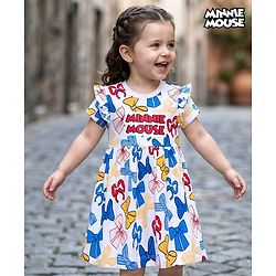 Babyhug Disney 100% Cotton Knit Half Sleeves Frock With Minnie Mouse Graphics - White