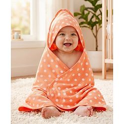 Babyhug Cotton Knit Hooded Wrapper With Polka Dot Print L 73 x B 72 cm - Orange