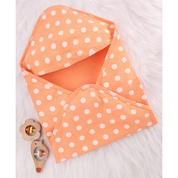 Babyhug Cotton Knit Hooded Wrapper With Polka Dot Print L 73 x B 72 cm - Orange